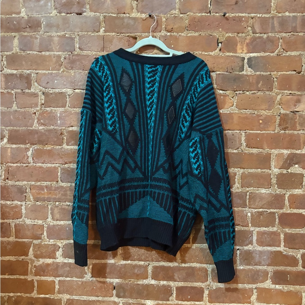 Vintage 80s Urban Works Sweater Blue Aztec Leather Trim Pullover